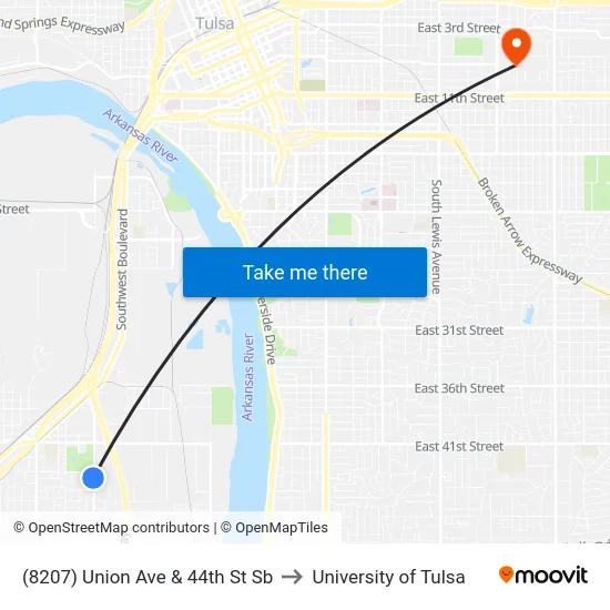 (8207) Union Ave & 44th St Sb to University of Tulsa map