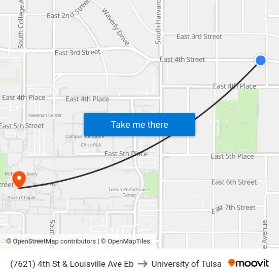 (7621) 4th St & Louisville Ave Eb to University of Tulsa map