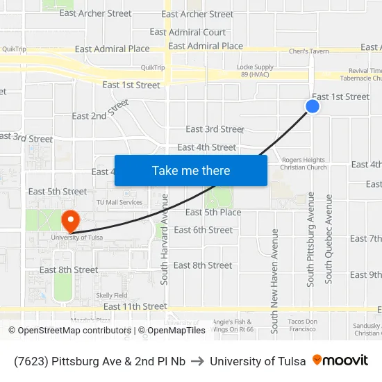 (7623) Pittsburg Ave & 2nd Pl Nb to University of Tulsa map