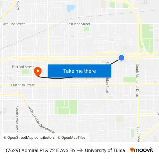 (7629) Admiral Pl & 72 E Ave Eb to University of Tulsa map