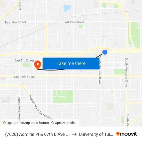 (7628) Admiral Pl & 67th E Ave Eb to University of Tulsa map
