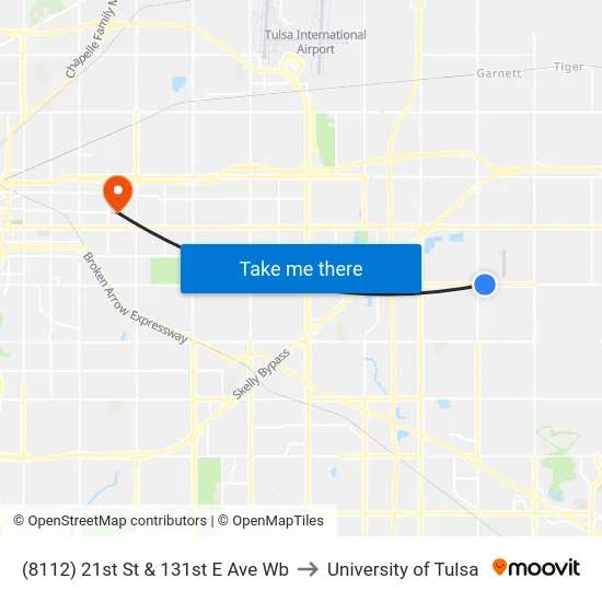 (8112) 21st St & 131st E Ave Wb to University of Tulsa map