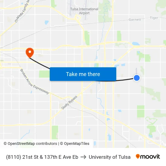(8110) 21st St & 137th E Ave Eb to University of Tulsa map