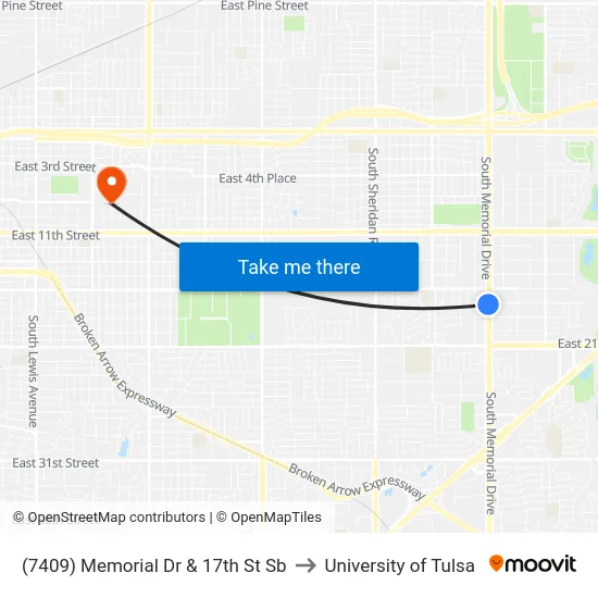 (7409) Memorial Dr & 17th St Sb to University of Tulsa map