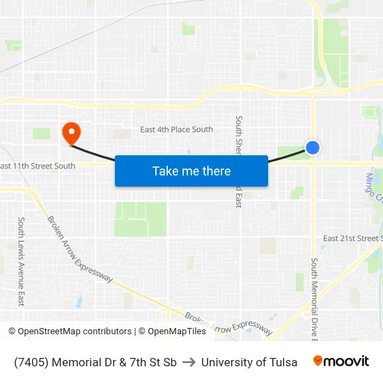 (7405) Memorial Dr & 7th St Sb to University of Tulsa map