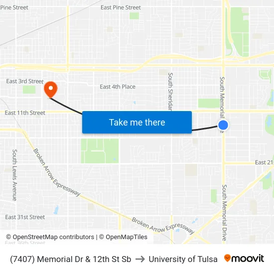 (7407) Memorial Dr & 12th St Sb to University of Tulsa map