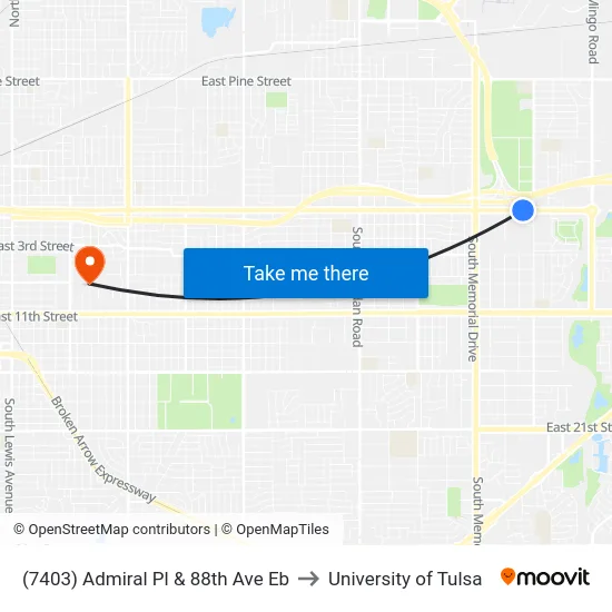 (7403) Admiral Pl & 88th Ave Eb to University of Tulsa map