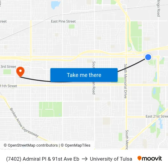 (7402) Admiral Pl & 91st Ave Eb to University of Tulsa map