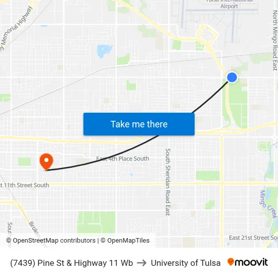 (7439) Pine St & Highway 11 Wb to University of Tulsa map