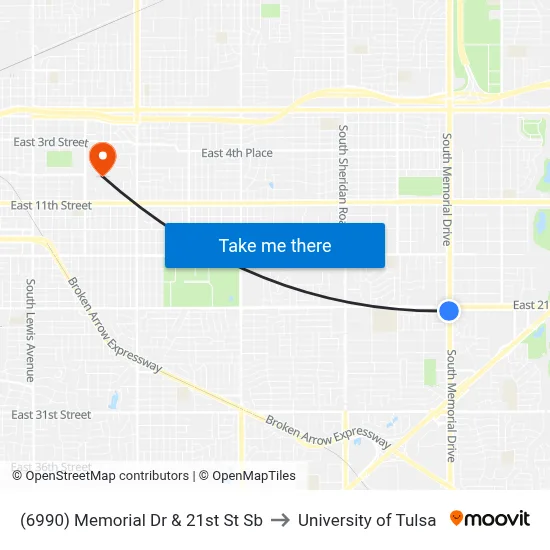 (6990) Memorial Dr & 21st St Sb to University of Tulsa map