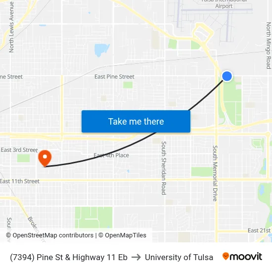 (7394) Pine St & Highway 11 Eb to University of Tulsa map