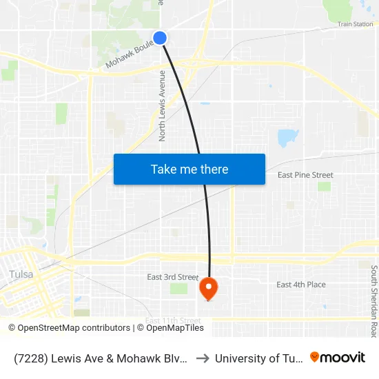 (7228) Lewis Ave & Mohawk Blvd Sb to University of Tulsa map