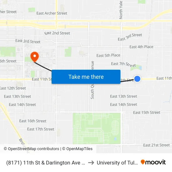 (8171) 11th St & Darlington Ave Wb to University of Tulsa map