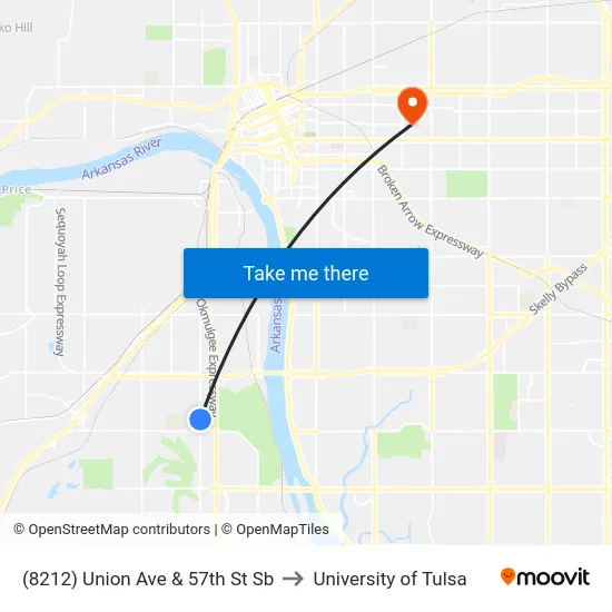 (8212) Union Ave & 57th St Sb to University of Tulsa map