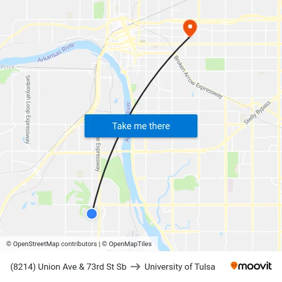 (8214) Union Ave & 73rd St Sb to University of Tulsa map