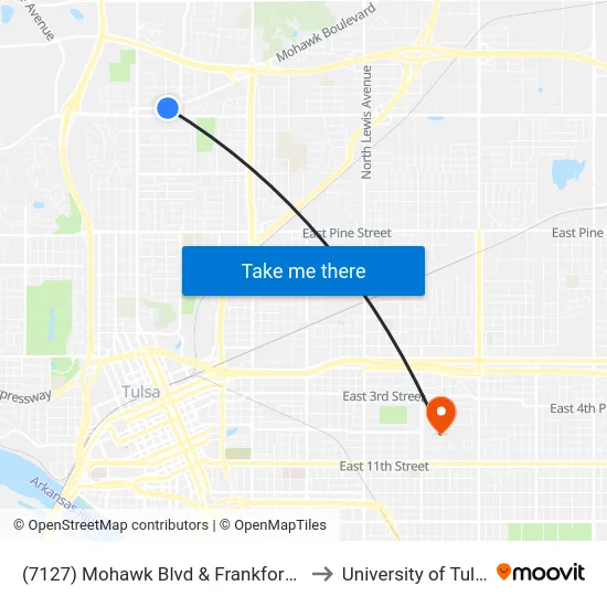 (7127) Mohawk Blvd & Frankfort Eb to University of Tulsa map