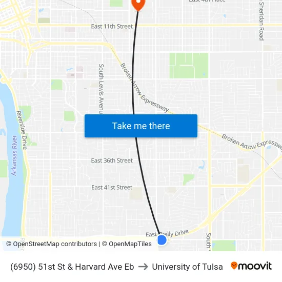 (6950) 51st St & Harvard Ave Eb to University of Tulsa map