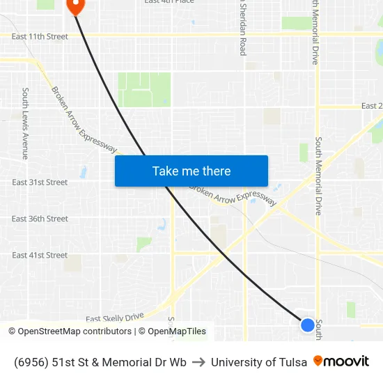 (6956) 51st St & Memorial Dr Wb to University of Tulsa map