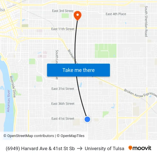 (6949) Harvard Ave & 41st St Sb to University of Tulsa map