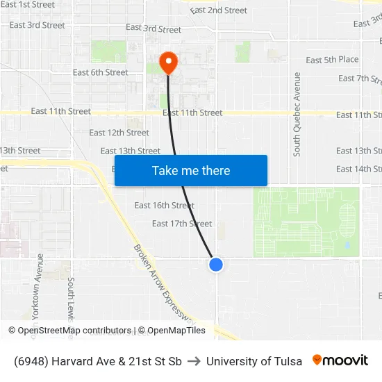 (6948) Harvard Ave & 21st St Sb to University of Tulsa map