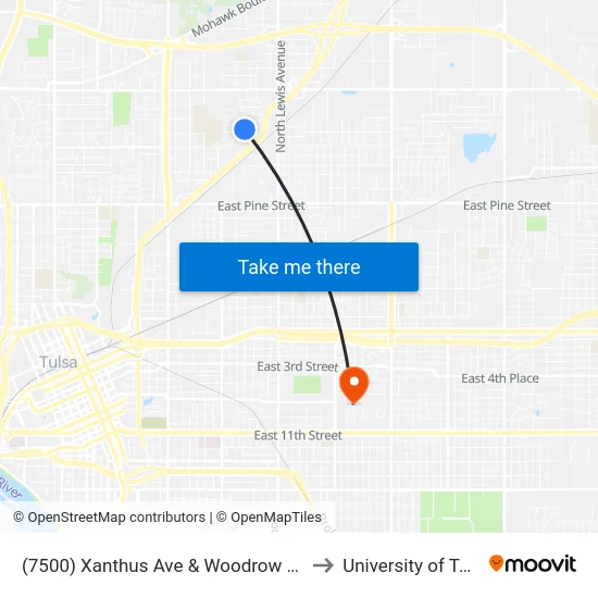 (7500) Xanthus Ave & Woodrow Ct Sb to University of Tulsa map