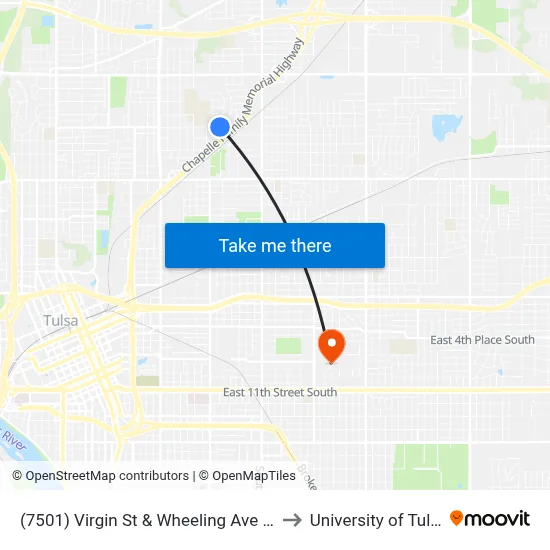 (7501) Virgin St & Wheeling Ave Wb to University of Tulsa map