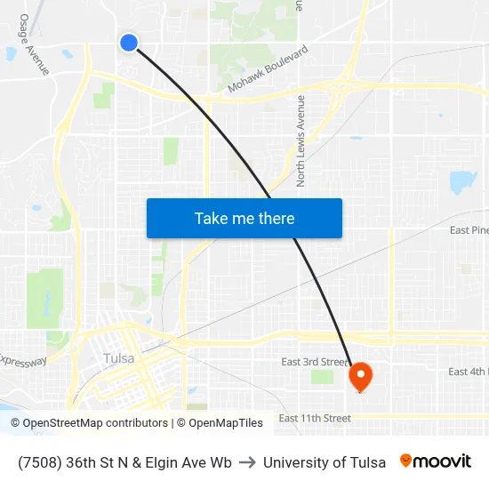 (7508) 36th St N & Elgin Ave Wb to University of Tulsa map