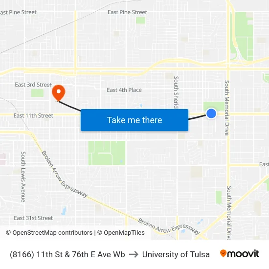(8166) 11th St & 76th E Ave Wb to University of Tulsa map
