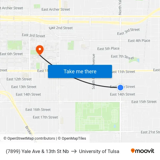 (7899) Yale Ave & 13th St Nb to University of Tulsa map