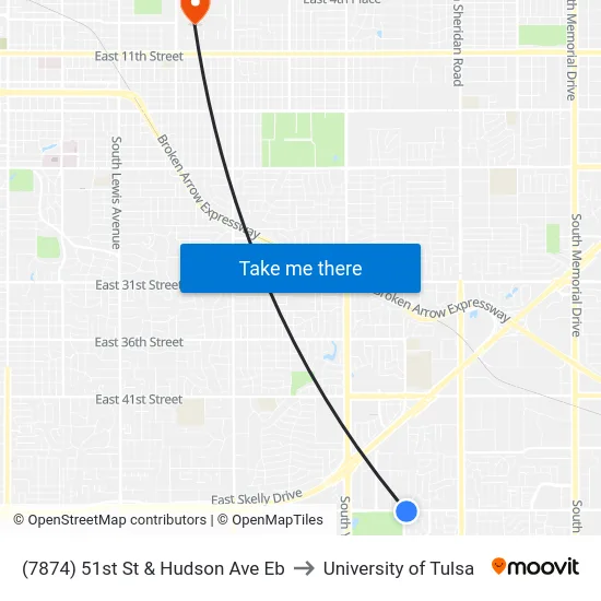 (7874) 51st St & Hudson Ave Eb to University of Tulsa map