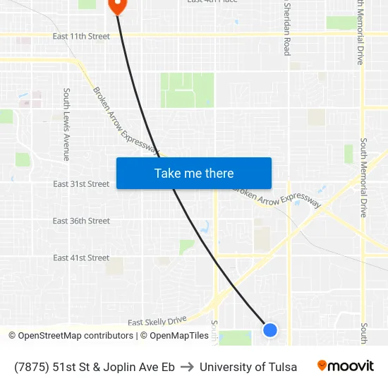 (7875) 51st St & Joplin Ave Eb to University of Tulsa map