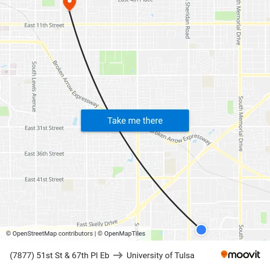 (7877) 51st St & 67th Pl Eb to University of Tulsa map