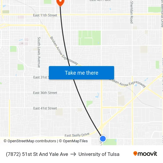 (7872) 51st St And Yale Ave to University of Tulsa map