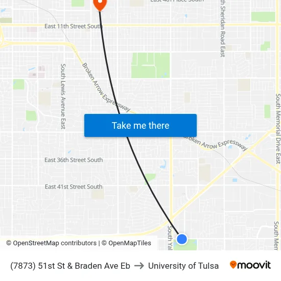 (7873) 51st St & Braden Ave Eb to University of Tulsa map