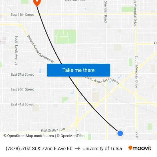 (7878) 51st St & 72nd E Ave Eb to University of Tulsa map