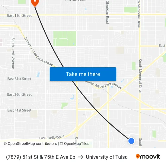 (7879) 51st St & 75th E Ave Eb to University of Tulsa map