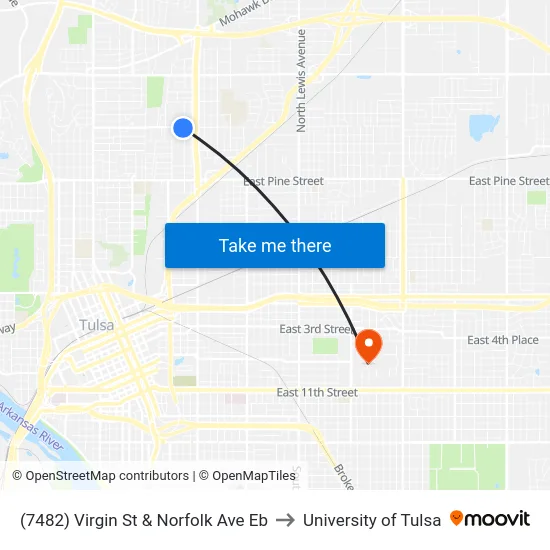 (7482) Virgin St & Norfolk Ave Eb to University of Tulsa map