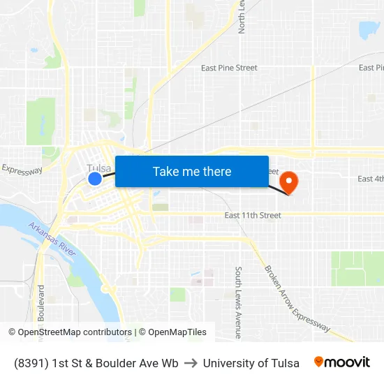 (8391) 1st St & Boulder Ave Wb to University of Tulsa map