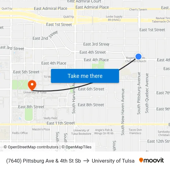 (7640) Pittsburg Ave & 4th St Sb to University of Tulsa map