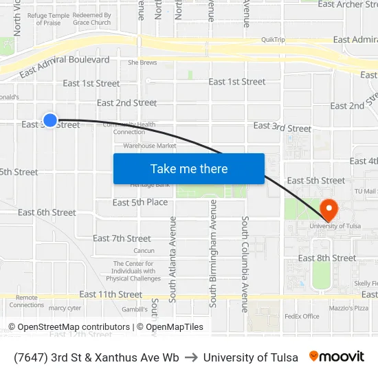 (7647) 3rd St & Xanthus Ave Wb to University of Tulsa map