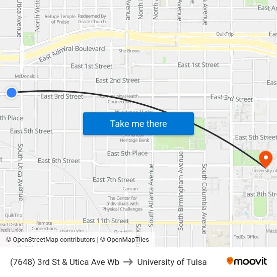 (7648) 3rd St & Utica Ave Wb to University of Tulsa map