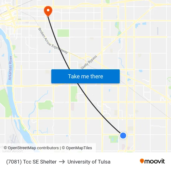 (7081) Tcc SE Shelter to University of Tulsa map