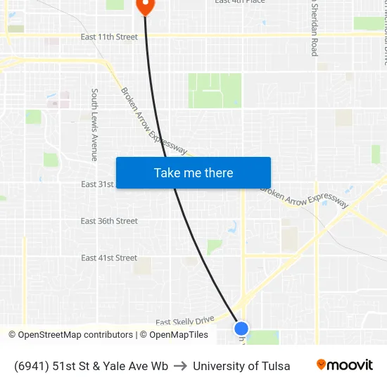 (6941) 51st St & Yale Ave Wb to University of Tulsa map