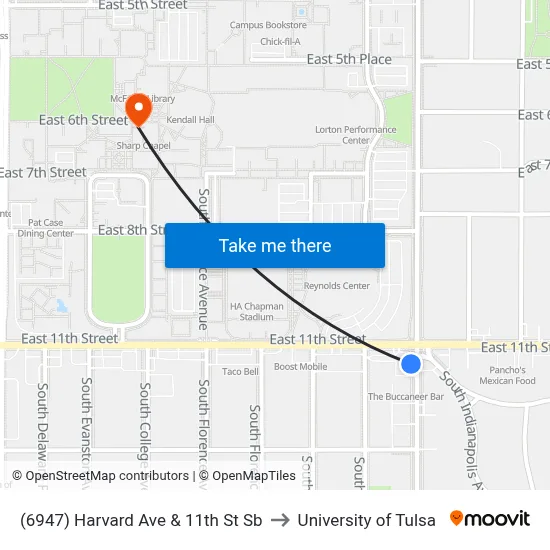 (6947) Harvard Ave & 11th St Sb to University of Tulsa map