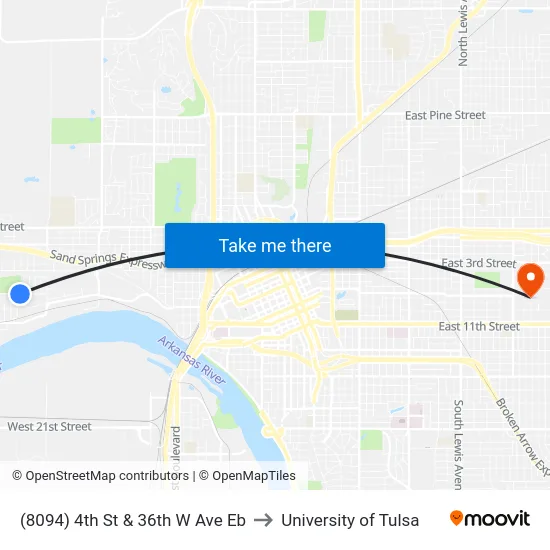 (8094) 4th St & 36th W Ave Eb to University of Tulsa map