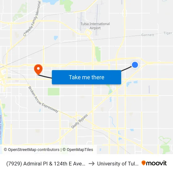 (7929) Admiral Pl & 124th E Ave Eb to University of Tulsa map