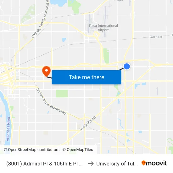 (8001) Admiral Pl & 106th E Pl Wb to University of Tulsa map