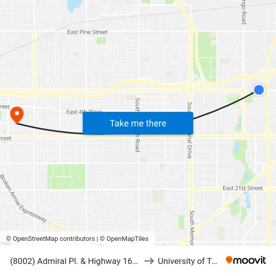 (8002) Admiral Pl. & Highway 169 Wb to University of Tulsa map