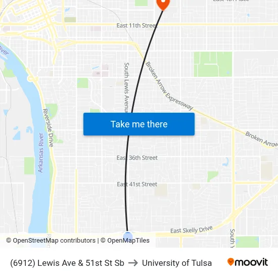 (6912) Lewis Ave & 51st St Sb to University of Tulsa map