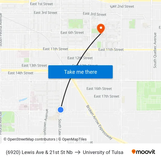 (6920) Lewis Ave & 21st St Nb to University of Tulsa map